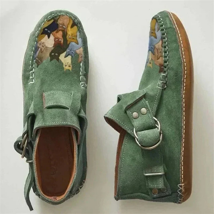 FelinStep – Comfortabele Leren Enkelboots met Kattenprint