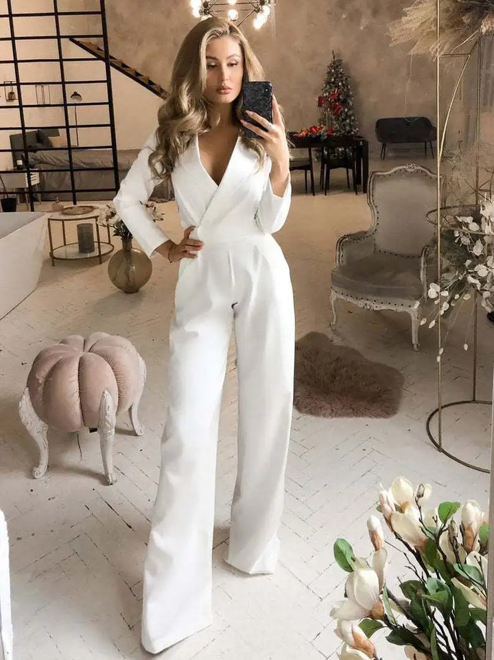 Sofia – V-Hals Jumpsuit met Wijde Pijpen voor Dames