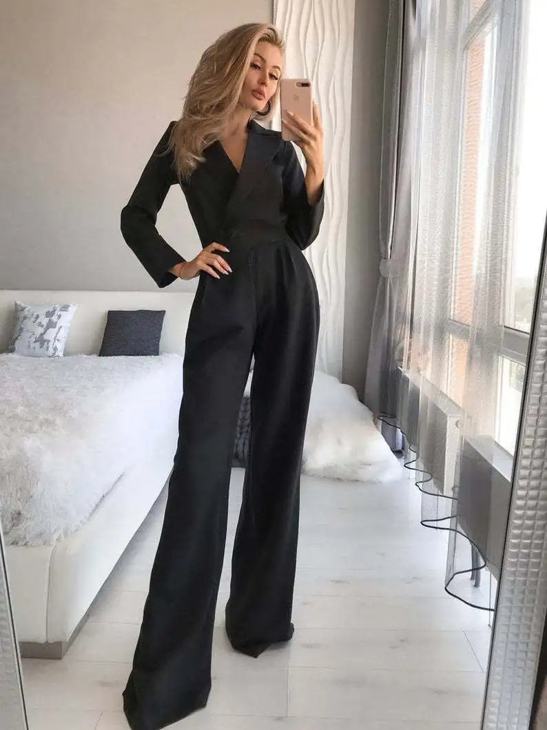 Sofia – V-Hals Jumpsuit met Wijde Pijpen voor Dames