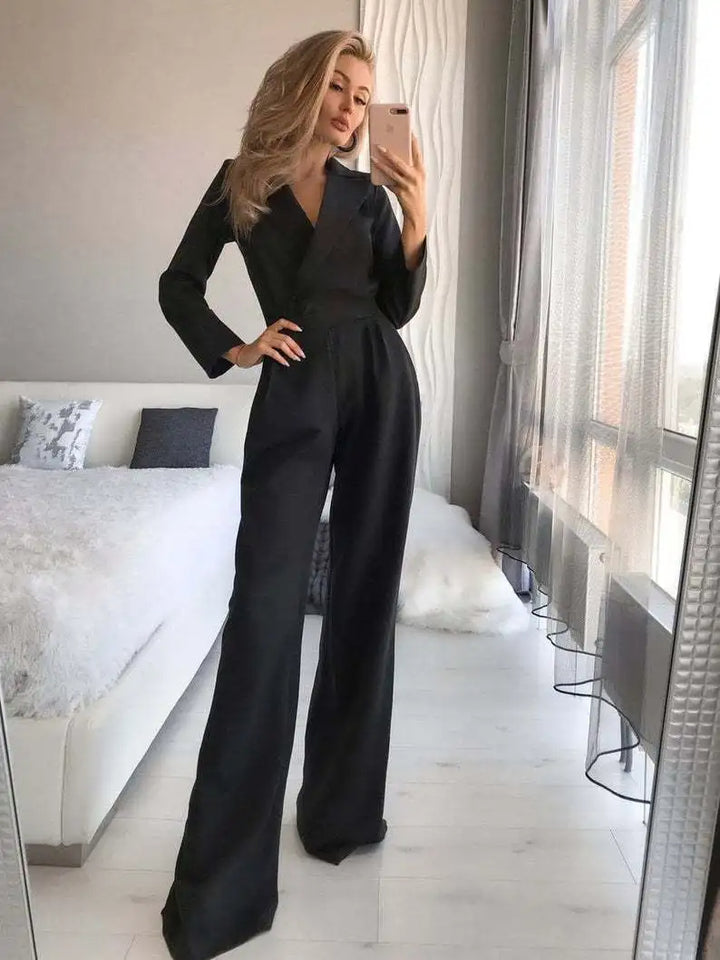 Sofia – V-Hals Jumpsuit met Wijde Pijpen voor Dames
