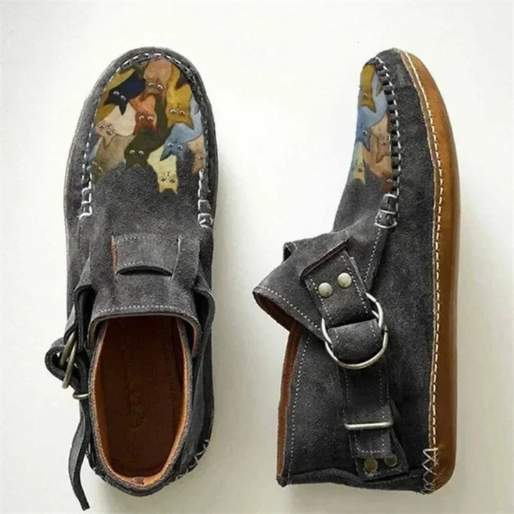 FelinStep – Comfortabele Leren Enkelboots met Kattenprint