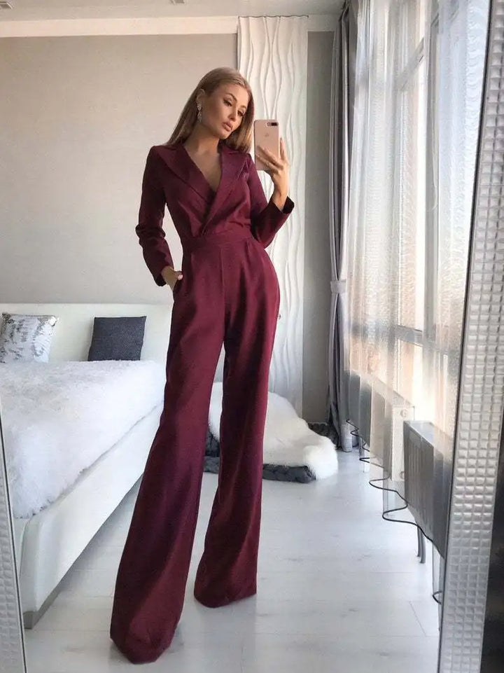 Sofia – V-Hals Jumpsuit met Wijde Pijpen voor Dames
