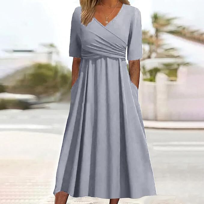 Vintage Damesjurk met V-hals en Korte Mouwen
