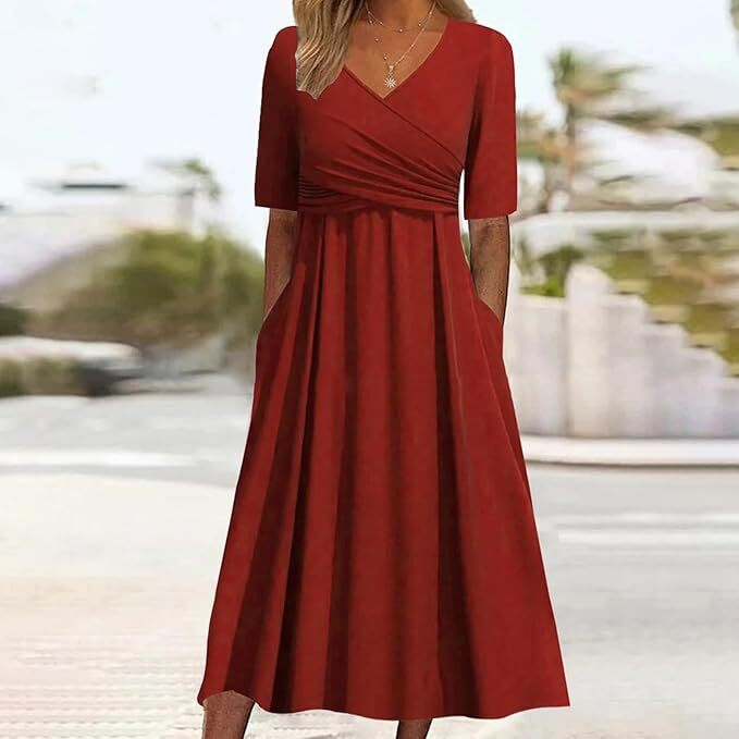 Vintage Damesjurk met V-hals en Korte Mouwen