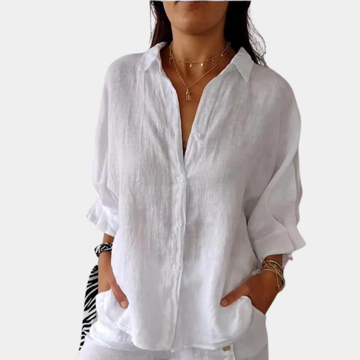 Elyra -Linnenblouse met kraag en lace-up detail