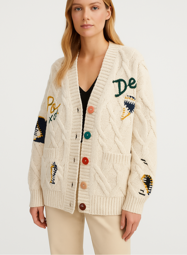 CozyKnit – Gebreide V-hals Damesvest met Borduursel